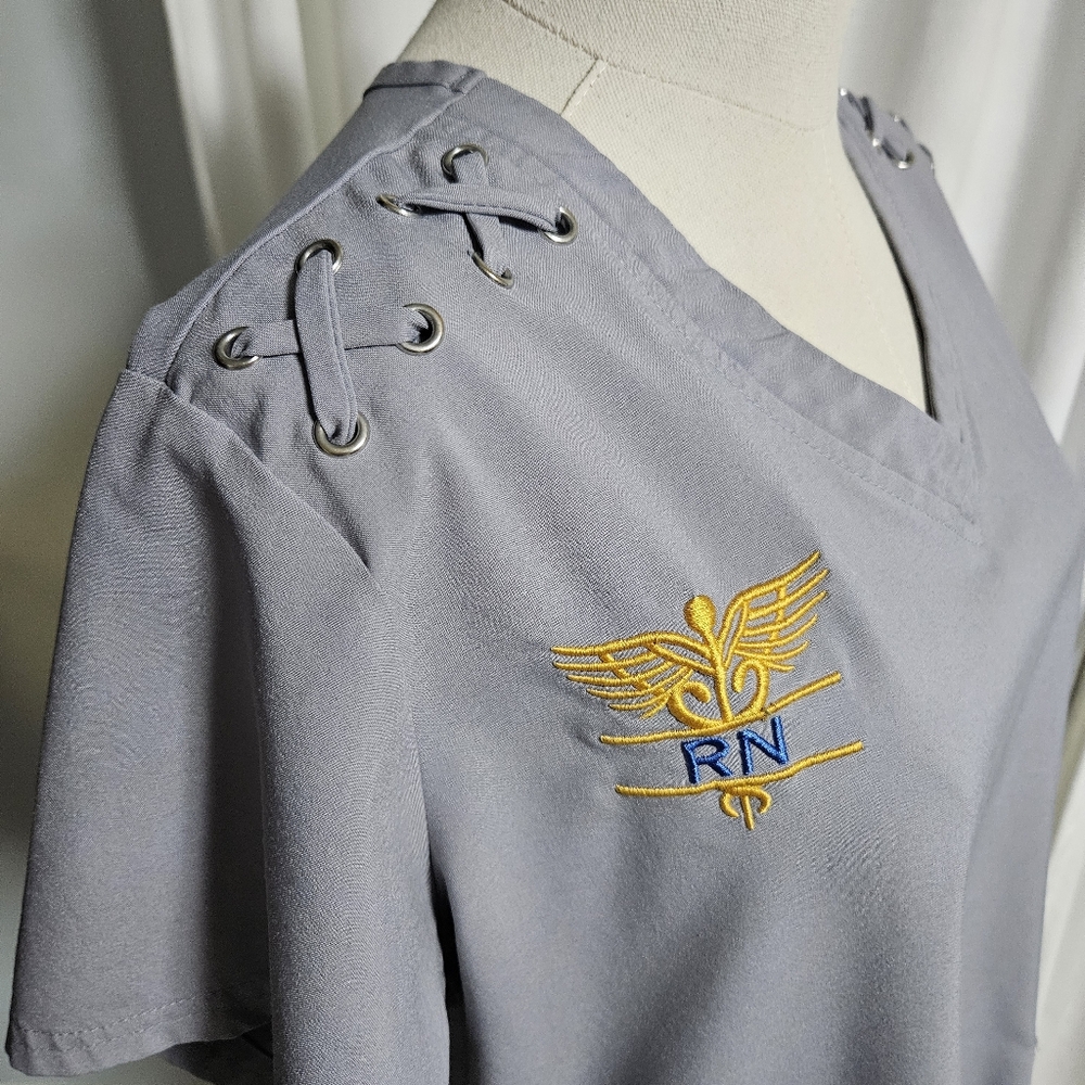 Easy Stretch Butter Soft Gray Scrub Top with Embroidered RN Symbol